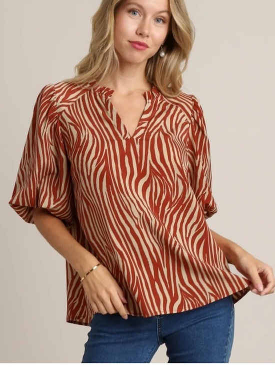 Umgee Tops - Umgee Rust & Cream Zebra-Print V-Neck Blouse